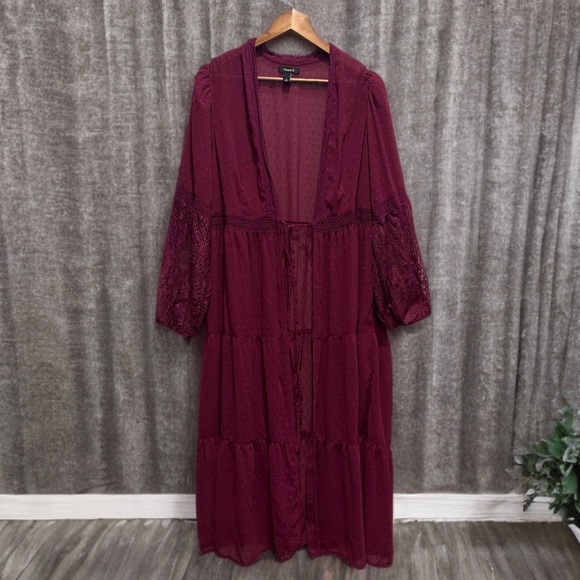 torrid Dresses & Skirts - Torrid Purple Swiss Dot Lace Sleeve Open Tie Front Duster Kimono Size 1 Midi